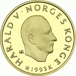 Norway 1500 Kroner 1993 Roald Amundsen. Harald V(1991-). Obverse: Head right. Reverse: Bust left with skis on shoulder...