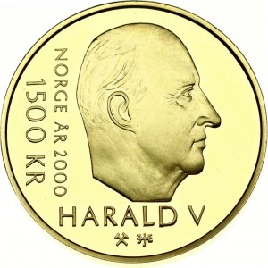 Norway 1500 Kroner 2000 Millennium. Harald V(1991-). Obverse: Bust of king Harald V facing right. Reverse...