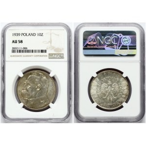 Poland 10 Zlotych 1939 (w) Obverse: Radiant crowned eagle. Reverse: Head of Jozef Pilsudski left. Reeded edge. Silver...
