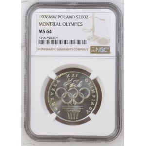 Poland 200 Zlotych 1976MW XXI Olympics. Obverse: Imperial eagle above value. Reverse: Rings and torch. Edge Description...