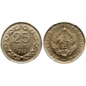 Romania 25 Bani 1955 Obverse: National emblem. Obverse Legend: ROMINA. Reverse: Value and date within wreath. Copper...