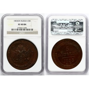 Russia 5 Kopecks 1803 ЕМ Ekaterinburg. Alexander I (1801-1825). Obverse: Crowned double imperial eagle within circles...