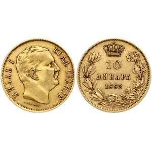 Serbia 10 Dinara 1882 V Milan I(1868-1889). Obverse: Head right. Reverse: Value; date within crowned wreath. Gold...