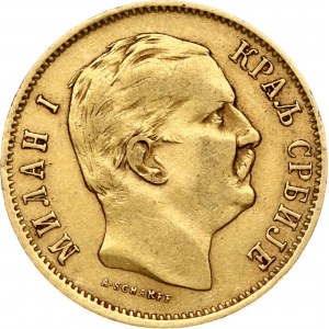 Serbia 10 Dinara 1882 V Milan I(1868-1889). Obverse: Head right. Reverse: Value; date within crowned wreath. Gold...