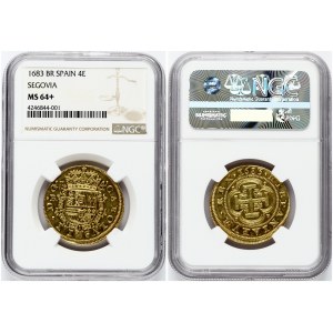 Spain 4 Escudos 1683 BR Segovia. Charles II (1665-1700). Obverse: Crowned arms in order collar. Reverse...