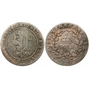 Switzerland GENEVA 6 Sols 1797 Obverse: Arms within circle. Obverse Legend: • GENEVE REPUBLIQUE • LAN' IV • DEL...