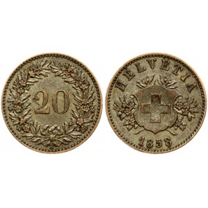 Switzerland 20 Rappen 1858B Obverse: Coat of arms of Switzerland on ornate shield. Alpine rose springs behind...