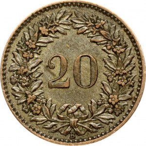 Switzerland 20 Rappen 1858B Obverse: Coat of arms of Switzerland on ornate shield. Alpine rose springs behind...
