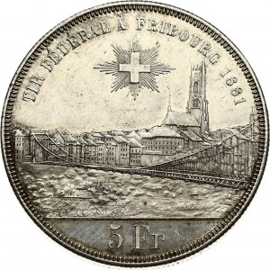 Switzerland 5 Francs 1881 Fribourg Shooting Festival. Obverse: Arms; city view; value. Lettering...