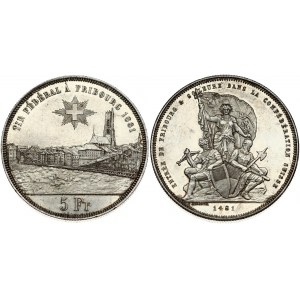 Switzerland 5 Francs 1881 Fribourg Shooting Festival. Obverse: Arms; city view; value. Lettering...