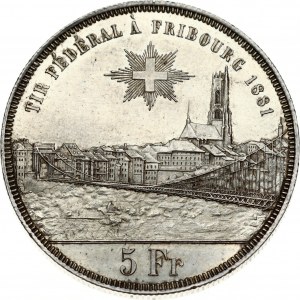 Switzerland 5 Francs 1881 Fribourg Shooting Festival. Obverse: Arms; city view; value. Lettering...