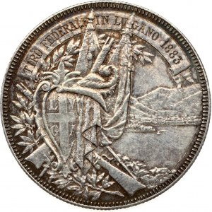 Switzerland 5 Francs 1883 Lugano Shooting Festival. Obverse: Arms; city view on lake. Lettering...
