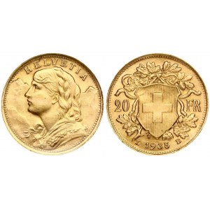 Switzerland 20 Francs 1935L-B Obverse: Young head left. Obverse Legend: HELVETIA. Reverse...