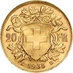 Switzerland 20 Francs 1935L-B Obverse: Young head left. Obverse Legend: HELVETIA. Reverse...