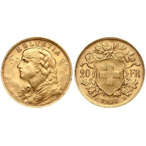 Switzerland 20 Francs 1935L-B Obverse: Young head left. Obverse Legend: HELVETIA. Reverse...