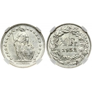 Switzerland 1/2 Franc 1952B Obverse: Standing Helvetia with lance and shield within star border. Reverse: Value...