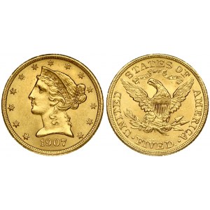 USA 5 Dollars 1907 'Liberty / Coronet Head - Half Eagle' Philadelphia. Obverse: Bust of Liberty with the date below...