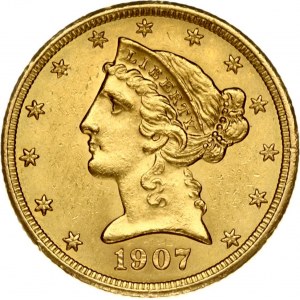 USA 5 Dollars 1907 'Liberty / Coronet Head - Half Eagle' Philadelphia. Obverse: Bust of Liberty with the date below...