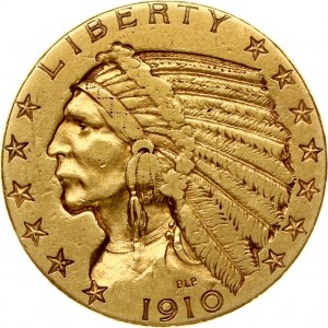 USA 5 Dollars 1910 'Indian Head - Half Eagle'. Obverse: Indian head wearing a war bonnet...