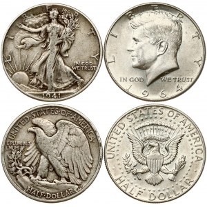 USA ½ Dollar 1941'Walking Liberty Half Dollar' & ½ Dollar 1964D 'Kennedy Half Dollar'. Obverse: Liberty walking to left...