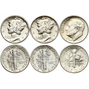 USA 1 Dime 1944 D & 1945 'Mercury Dime' & 1 Dime 1952 S 'Roosevelt Silver Dime'. Obverse...