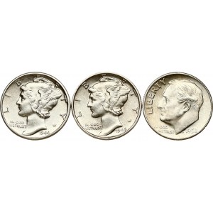 USA 1 Dime 1944 D & 1945 'Mercury Dime' & 1 Dime 1952 S 'Roosevelt Silver Dime'. Obverse...