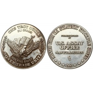 USA Token 1 Oz Silver 1981 Obverse Lettering: MINTED FROM U.S. STRATEGIC STOCKPILE SILVER FORMERLY STORED AT U.S...