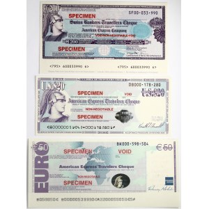 USA American Express Travelers Cheque 20 Dollars & 50 Euro & 200 Francs (1994) SPECIMEN Banknotes. 20 Dollars S/N DB000...