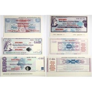 USA American Express Travelers Cheque 20 Dollars & 50 Euro & 200 Francs (1994) SPECIMEN Banknotes. 20 Dollars S/N DB000...