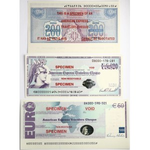 USA American Express Travelers Cheque 20 Dollars & 50 Euro & 200 Francs (1994) SPECIMEN Banknotes. 20 Dollars S/N DB000...