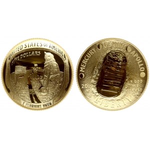 USA 5 Dollars 2019 Apollo 11 50th Anniversary. Obverse: Design features the inscriptions MERCURY; GEMINI and APOLLO...