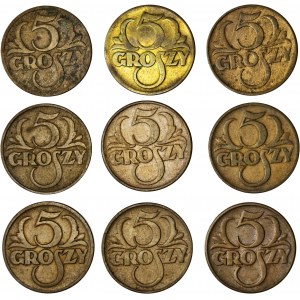 II RP, zestaw 9 monet, 5 gr