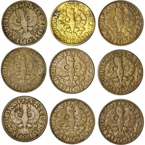 II RP, zestaw 9 monet, 5 gr