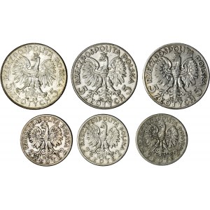 II RP, zestaw 6 monet (3x2 zł głowa kobiety i 3x5 zł głowa kobiety), srebro, Ag 750