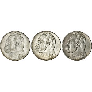II RP, zestaw 3 monet, 10 zł Józef Piłsudski, srebro, Ag 750
