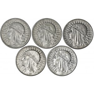 II RP, zestaw 5 monet, 10 zł głowa kobiety, srebro, Ag 750