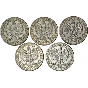 II RP, zestaw 5 monet, 10 zł głowa kobiety, srebro, Ag 750