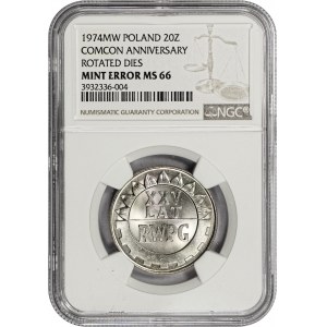 Polska, PRL, 20 zł 1974 XXV lat RWPG, skrętka, slab NGC MS66