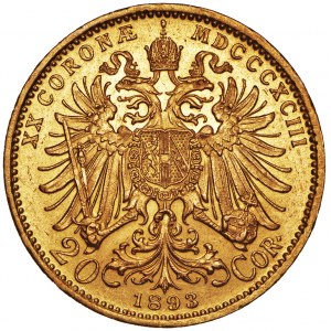 Austria, 20 koron 1893, Franciszek Józef, złoto Au 900
