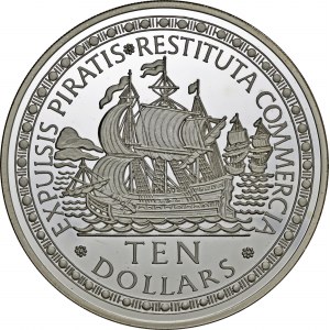 Bahamy, 10 dolarów 1993, statek handlowy, srebro 925