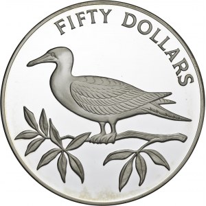 Belize, 50 dolarów 1985, głuptak czerwononogi, srebro Ag 925