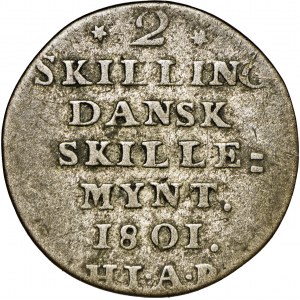 Dania, 2 skilling, 1801, Krystian VII, srebro 0.25