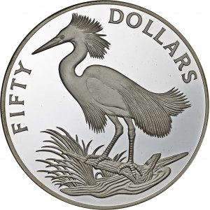 Kajmany, 50 dolarów 1985, srebro Ag 925, czapla