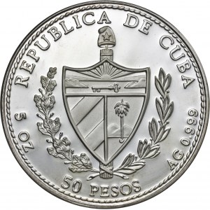 Kuba, 50 pesos 1994, flamingi, 5 uncji srebra Ag 999, emalia