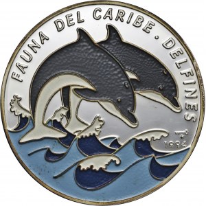 Kuba, 50 pesos 1994, delfiny, 5 uncji srebra Ag 999, emalia