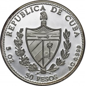 Kuba, 50 pesos 1994, delfiny, 5 uncji srebra Ag 999, emalia