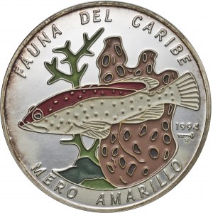 Kuba, 50 pesos 1994, ryba mero amarillo, 5 uncji srebra Ag 999, emalia