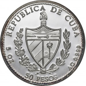 Kuba, 50 pesos 1994, ryba mero amarillo, 5 uncji srebra Ag 999, emalia