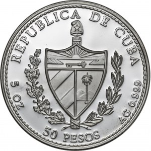 Kuba, 50 pesos 1992, wystawa światowa w Sevilli, 5 uncji srebra Ag 999 , wybito maksymalnie 550 egzemplarzy