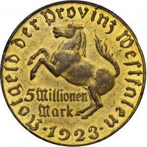 Niemcy, Westfalia, 5 000 000 marek 1923, tombak złocony